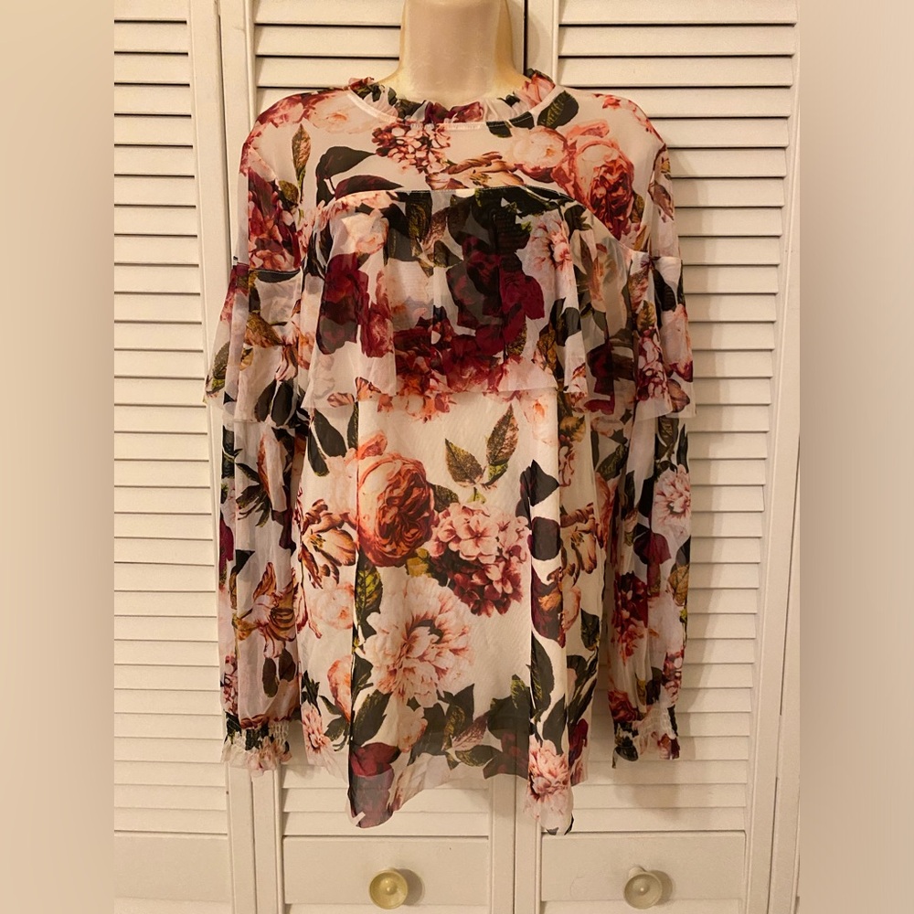 Womens Mesh Floral Blouse Long Sleeve Size XL Ruffle Victorian Romantic Fairy